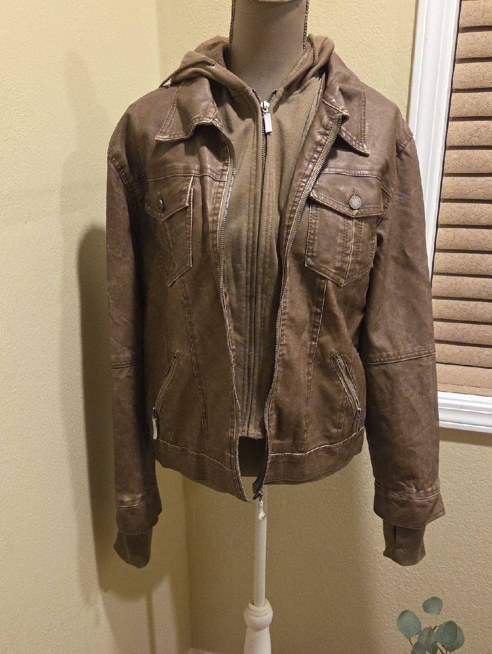 Lock & Love Brown Women's Hooded Faux-Leather Jacket with Zip Front